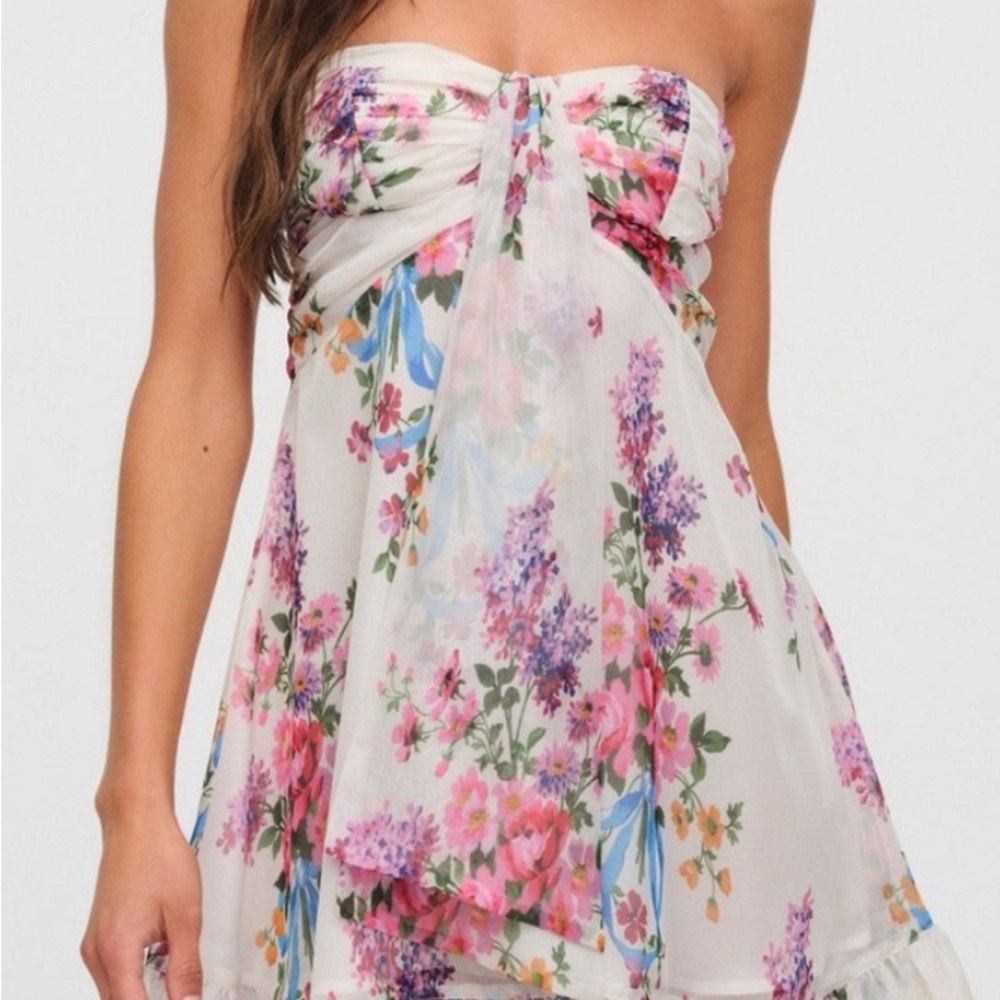 For Love And Lemons Floral Mini Dress - Cream and Pink